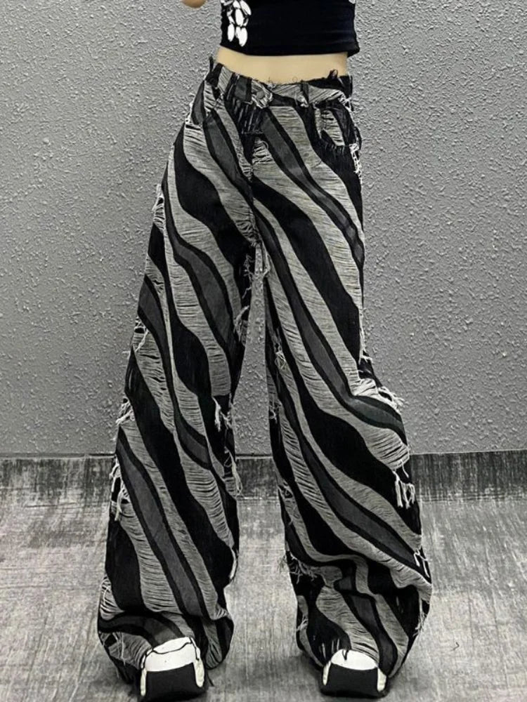 liwuka Vintage Y2k Jeans Women Streetwear Harajuku Gothic Aesthetic Baggy Trousers Denim Striped Wide Leg Pants Distressed