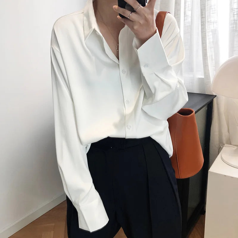 liwuka Button Up Satin Silk Shirt Vintage Blouse Spring Fashion Women Korean Tops Lady Long Sleeves Loose Street Shirts Blusas