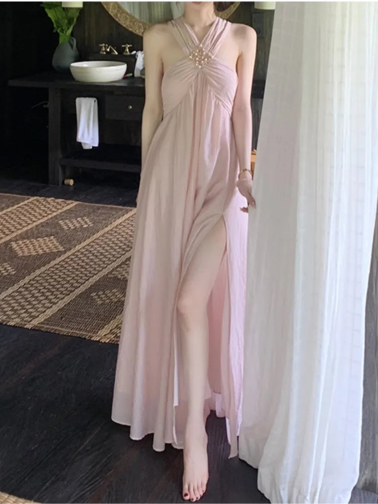 liwuka Sexy Halter Pink Long Dresses for Women New Summer Holiday Beach Dress Split Sleeveless Korean Fashion Prom Robe Vestidos Mujer