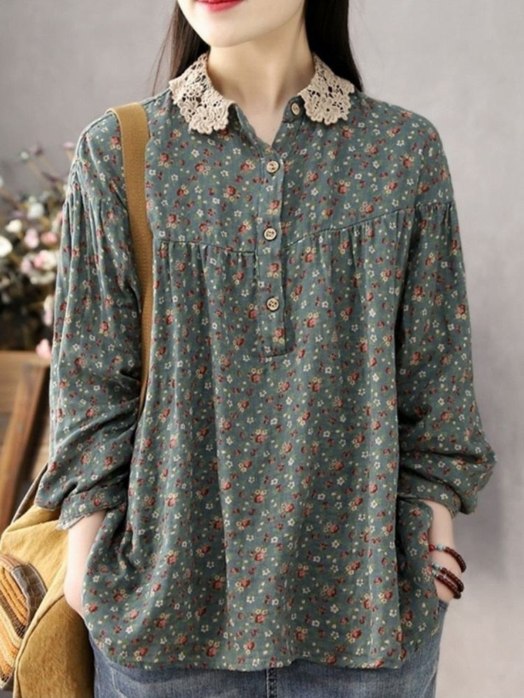 liwuka Women Long Sleeve Casual Shirts New Spring Vintage Style Lace Collar Floral Print Loose Female Cotton Tops Shirt D147