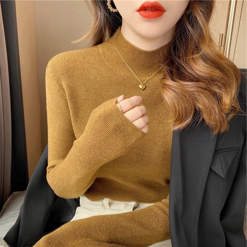 liwuka Autumn Winter Women Mock neck Sweaters Pullover Tops Knitwear Fashion Female Long Sleeve Skinny Elastic Casual Knitted Shirts