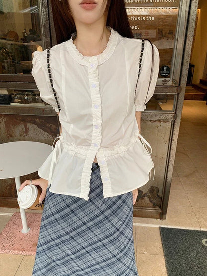 liwuka Fairycore White Blouse Women Short Sleeve Slimming Waist Shirts Feminina Ladies Cropped Tops Korean Fashion Chic New