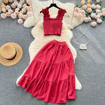 liwuka Chic Fashion Women Dress Suits Summer Vacation Style Sleeveless Stretchy Tops + High Waist Long Skirts Lady Outfits