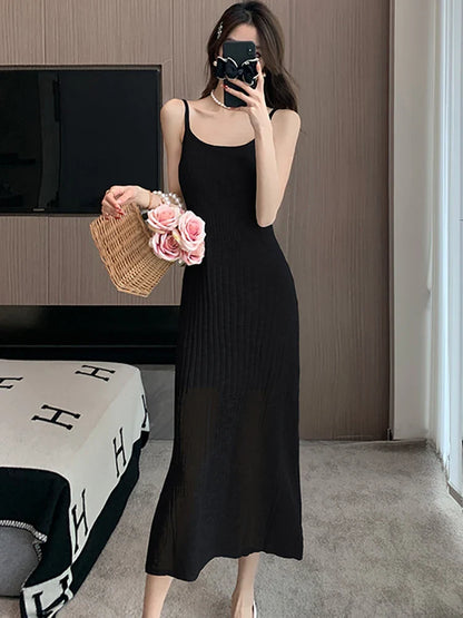 liwuka Summer Green Knitted Bodycon Sling Long Dress Women Fashion Casual Birthday Dress 2024 Korean Vintage Elegant Party Night Dress