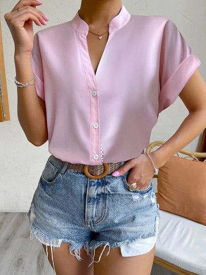 liwuka Casual V Neck Solid Shirt Blouse Office Lady Spring Summer Fashion Elegant Short Sleeve Slim Shirts For Women White Tops