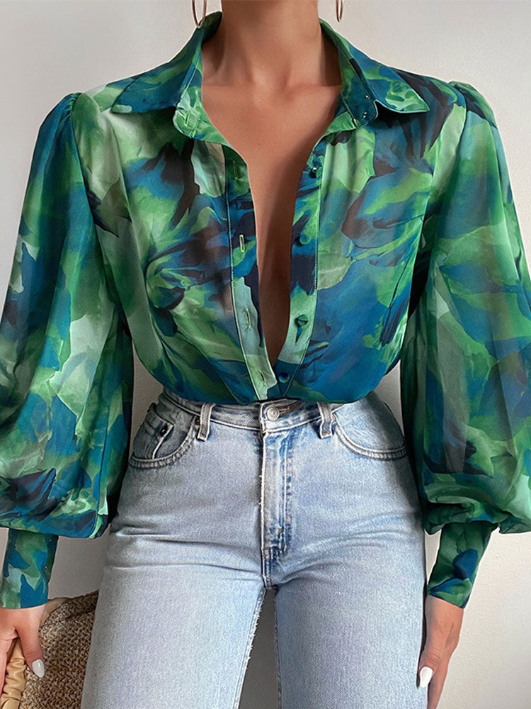 liwuka Women's Floral Print Puff Sleeve Shirt Female Elegant Casual V Neck Shirts Spring Summer Fashion Office Ladies Tops Blouses