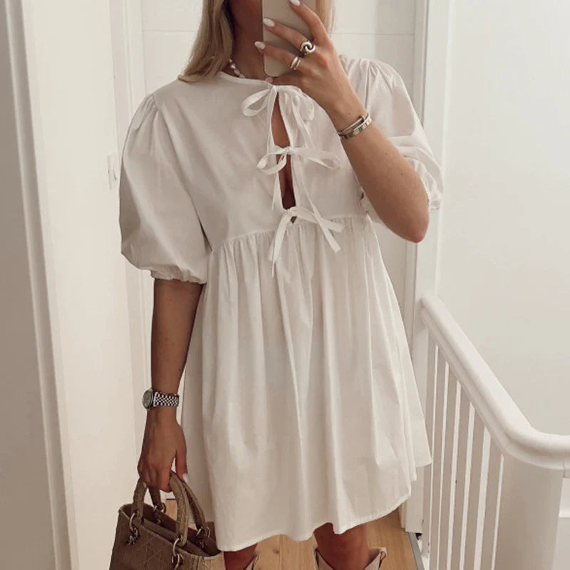 liwuka Female Solid Color Bubble Sleeve Mini Dress Sexy O-neck Hollow Out Lace-up Dress Summer Casual High Street Big Hem Loose Dresses