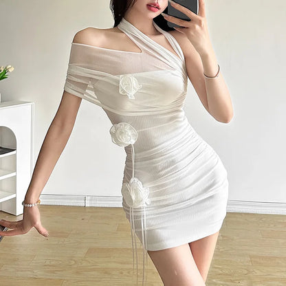 liwuka 2024 Summer New Women's Clothing Dreamy Temperament Three-dimensional Flower Mesh Slim Fit Wrap Buttocks Solid Color Dress