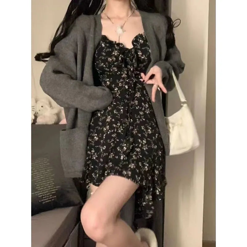 liwuka Black Floral Print Ssling Dresses Women Summer Vintage Spaghetti Strap Mini Dress Female Elegant Slim Ruffles A-Line Dress