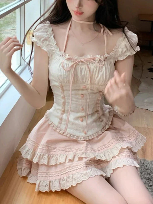 liwuka Japanese Kawaii Sweet Elegant New 2 Piece Set Women Lace Up Vintage Kawaii Set Female Y2k Princess Mini Skirt Suit Summer 2024