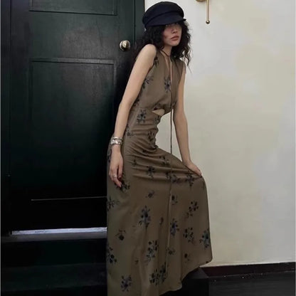 liwuka Retro V-Neck Dress For Women'S Summer New High End Design Sense Front And Back Wear Waist Tie Up Rose Style Dress