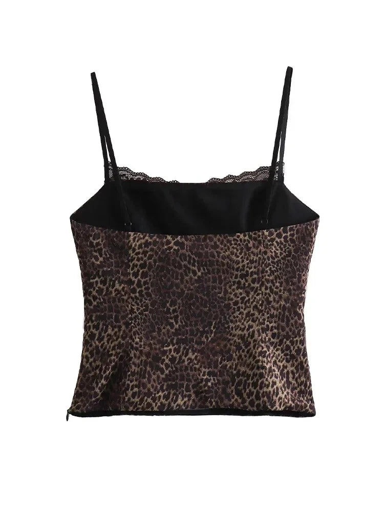 liwuka Summer Sexy Lace Leopard Printed Camisole Tops for Women Fashion Spaghetti Strap Undershirts Female Slim Fit Cropped Top