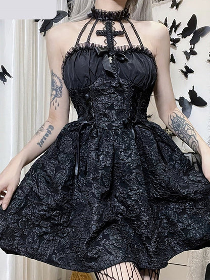 liwuka Mall Gothic Emo Jacquard A-line Dresses Elegant Grunge Ruched Bandage Partywear Punk Black Women Halloween Club Dress