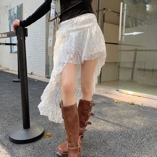 liwuka Fashion Lace Skirt For Women Double-deck Irregular Sexy See Through White Patchwork Skirt Y2K Hot Girl Summer Short Skirt