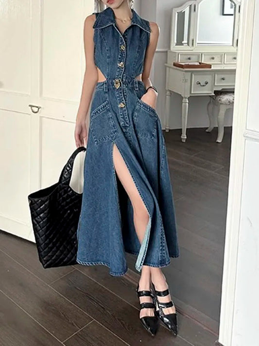 liwuka Retro Denim Dress Women's Summer New Shirt Collar Hollow Split Waist Long Skirt Sleeveless One-piece Sexy Denim Dresses