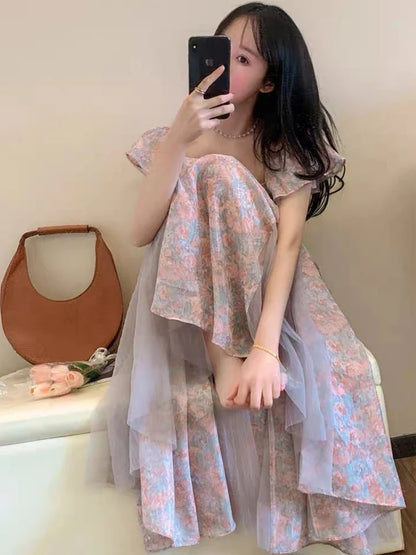 liwuka Floral Dress Women Off Shoulder Vintage French Elegant Sexy Spliced Lady Summer Gentle Slim Temper Платье Женское Sweet Designer