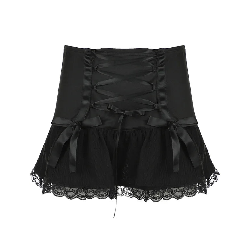 liwuka Y2K Black Skirt Women Lace Patchwork Crossed Lace-up Sexy High Waist Gothic Extreme Mini Skirts Fairy Grunge Streetwear Falda