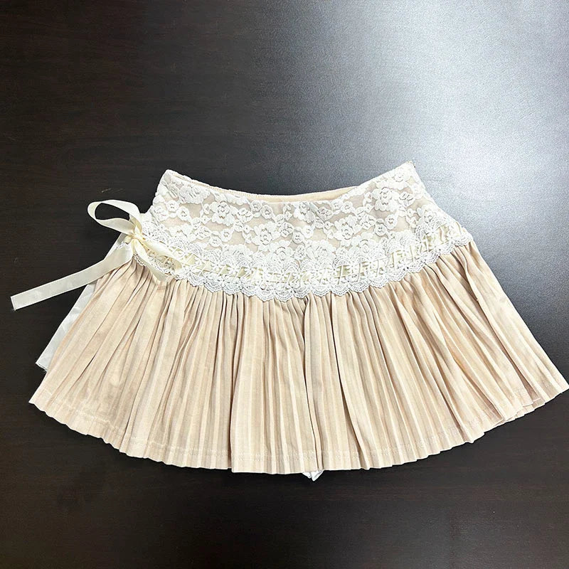 liwuka Pink Pleated Skirt Women Kawaii High Waist A-line Lace Patchwork Bow Lace Up Cute Fairycore Mini Skirt Spring Summer