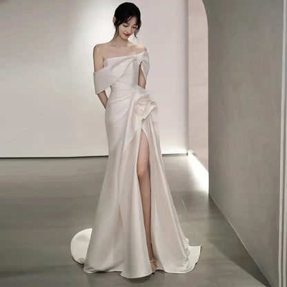 liwuka Off-The-Shoulder Satin High Split Twist Front Train Dresses For Wedding