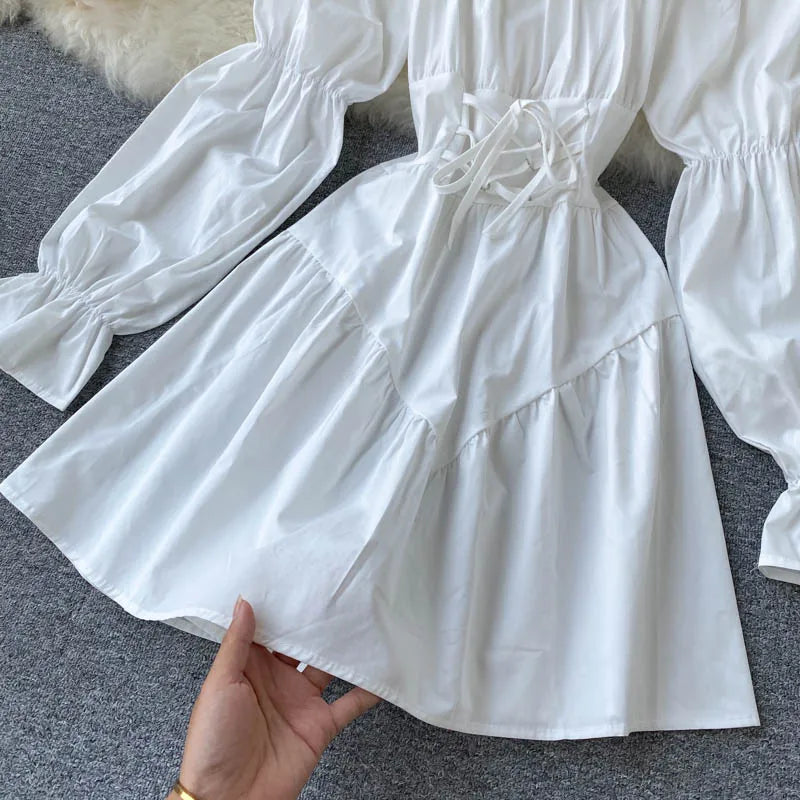 liwuka Autumn Dress Elegant Gothic Women White Black Bandage Mini Dress Sexy Off Shoulder Long Sleeve Korean Party Vestidos