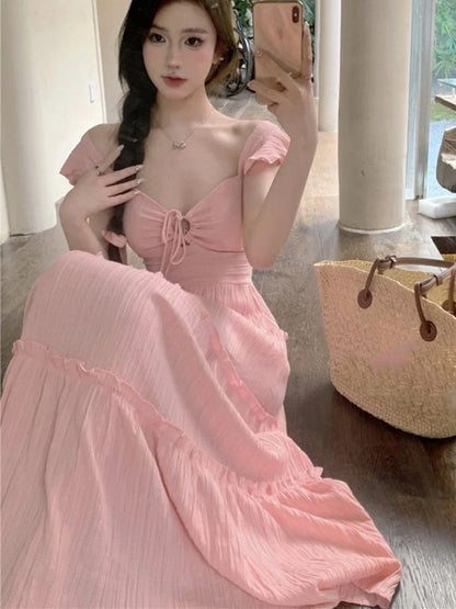 liwuka New Summer Long Dresses for Women Off Shoulder A-line Ruched Korean Fashion Holiday Beach Style Sexy Party Dress Robe Vestido