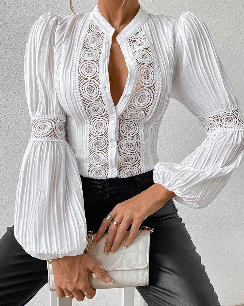 liwuka Women's Elegant Lace Patch Lantern Sleeve Buttoned Top Female Casual Clothing Temperament Commuting New Woman Fashion Blouses