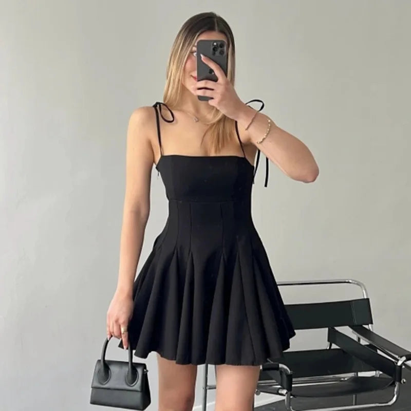 liwuka Folds Mini Suspender Dress For Women Lace Up Sleeveless Birthday Club Party Dress Solid Patchwork Female Elegant Summer