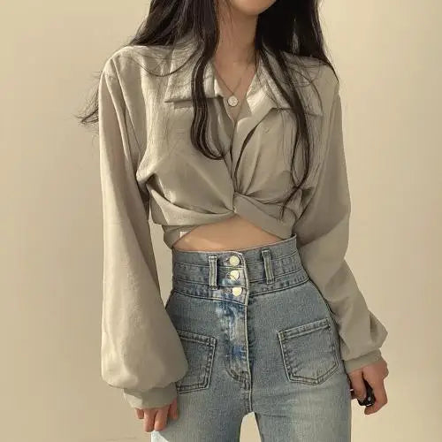 liwuka Korean Clothing Fashion Women Short Navel Shirt Summer New Top Solid Sexy Bow Versatile Slim Female Chic Long Sleeve Blouse