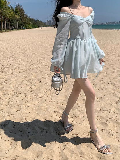 liwuka Long Sleeve Dress Female Blue Sweet A-Line Summer High Waist Vintage Slim Fairy Dress Princess Dress Sundress Beachwear Holiday Fairy Dress