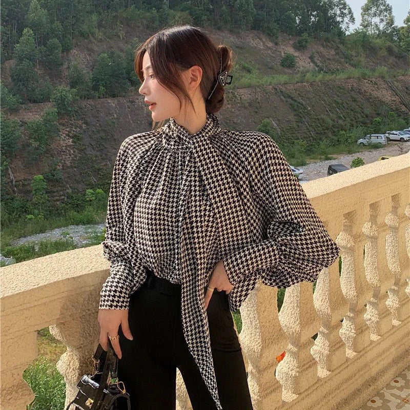 liwuka Houndstooth Bow Chiffon Shirt Women Vintage Elegant Print Bandage Lantern Sleeve Blouses Office Lady Korean Thin Loose Top