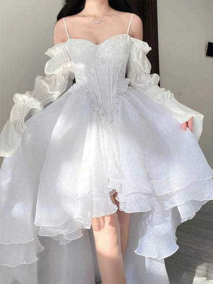 liwuka 2024 Spring Summer Elegant White Off Shoulder Fairy Dress Vintage Female Chic Princess Puff Dress Mesh Puff Dress Party Dress