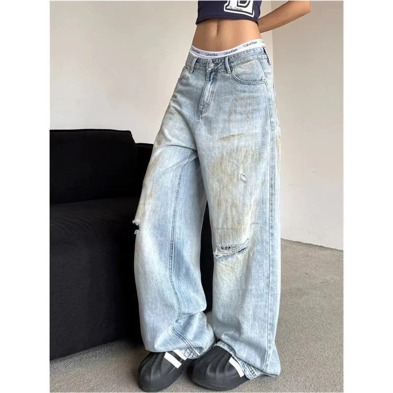 liwuka High Waist Ripped Women's Blue Jeans Hip-hop Style Fashion Vintage Streetwear Y2K Wide Leg Jean 2024 Trouser Baggy Denim Pants