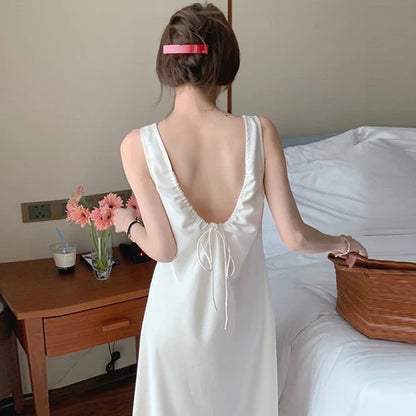 liwuka Summer Elegant Temperament Round Neck Women Dress Big Backless Lace Waist Vestidos Korean Chic Glossy Sling Dress Woman