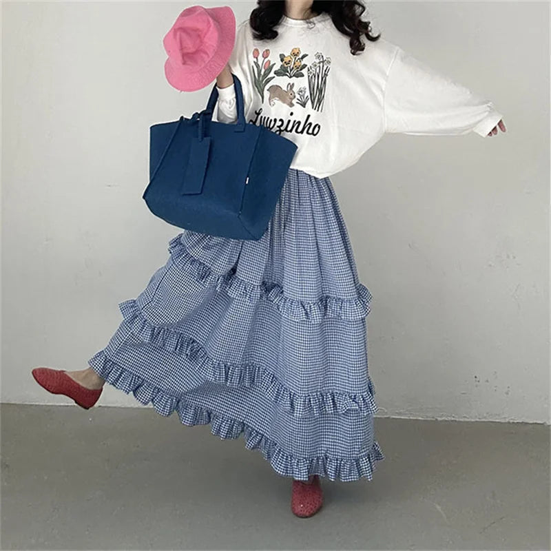 liwuka 2024 New Arrival Summer Women All-matched Casual Loose Fit Ruffles Patchwork A-line Elastic Waist Ankle-length Skirt V951