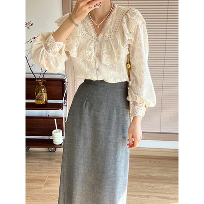 liwuka Vintage French Women Shirts Lace Lolita Elegant Long Sleeve Flounce Blouse High Quality Office Lady New Fashion Chic Female Tops