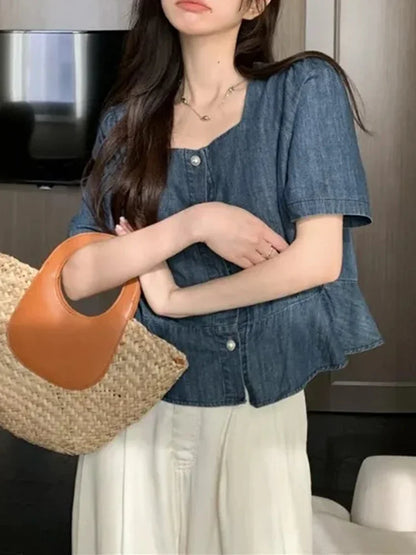 liwuka New French Fashion Women's Retro Blue Square Neck Denim Shirt Casual Loose Short Women Short Sleeved Summer Cardigan Top