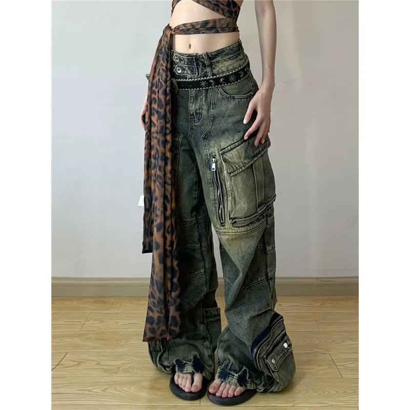 liwuka Blue Women's Jeans Hip-hop Fashion Vintage Streetwear Y2K Wide Leg Straight Jeans High Waist Trouser Baggy Cargo Denim Pants