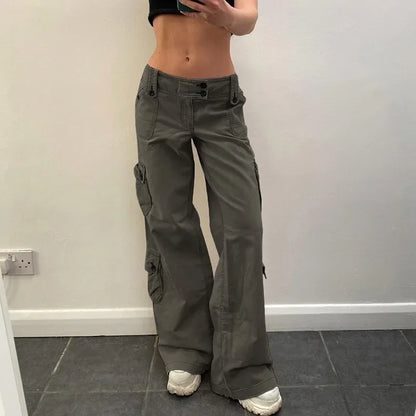 liwuka Button Low Waist Y2K Denim Pants Women Pockets Stitching Straight Cargo Pants Vintage Casual Gray Streetwear Jeans