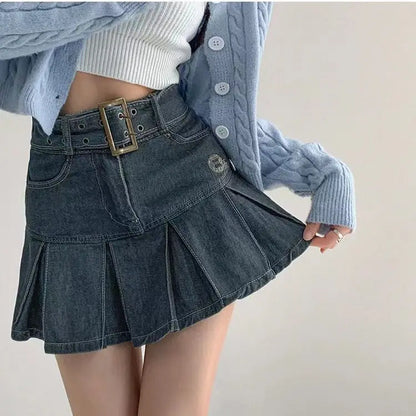 liwuka Denim Pleated Mini Skirt Vintage Sexy High Waist A-line Belt Women Embroidery Jean Short Skirt Summer Japanese Y2k