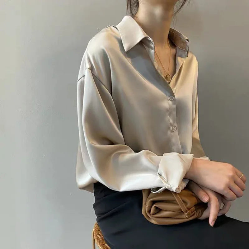 liwuka Women Silk Shirt New Vintage Fashion Solid Button Up Long Sleeves Blouse Tops Female Summer Casual Loose Office Lady Shirts