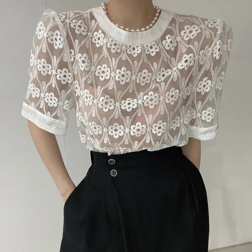 liwuka Puff Sleeve Woman Shirt Summer French Round Neck Blouses Women Embroidery Hook Flower Loose Perspective Blusa Feminina