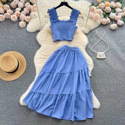 liwuka Chic Fashion Women Dress Suits Summer Vacation Style Sleeveless Stretchy Tops + High Waist Long Skirts Lady Outfits