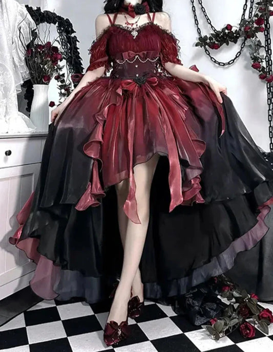 liwuka Dark Bride Red Flower Wedding Dress Cos Lolita Dress Op Dress Lolita Heavy Industry Trail Puffy Princess Dress, Lolita Cosplay