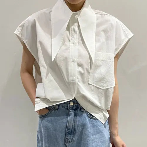 liwuka Simple Solid Color Lapel Women Blouses Loose Large Pocket Design Blusas Short Sleeve Shirts Korean Summer Top for Women