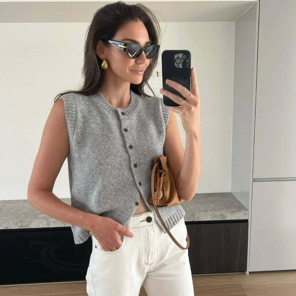 liwuka Summer Knitted Cardigans Women Elegant Fashion Button Sleeveless Cardigan Solid Basic Casual Vacation Holiday Tops 2024 Gray