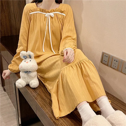 liwuka Long-Sleeved Nightgown Female Spring And Autumn Summer Students Princess Wind Big Size Dress Nightgown Pajamas Homewear