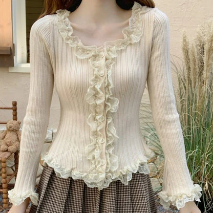 liwuka Japanese Sweet Lolita Knitted Cardigan Women Autumn Winter Vintage Elegance Lace Patchwork Long Sleeve Top Female Korean Jumpers