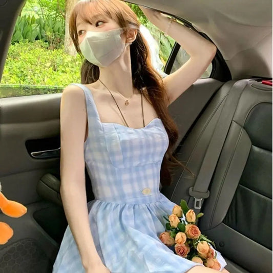 liwuka Blue checkered halter dress female waisted sweet little fresh bud fluffy skirt sub Korean fashion summer new women's clothing