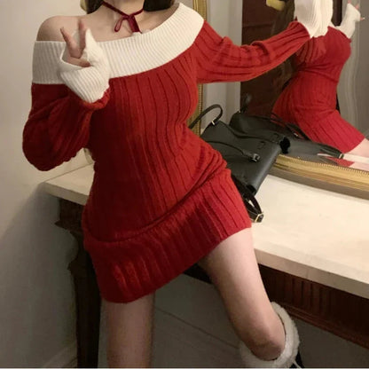 liwuka Christmas Sexy Red Christmas Dress Women Autumn Winter Korean Style Slash Neck Bodycon Knitted Dresses Female Elegant Y2k Party Mini Dress