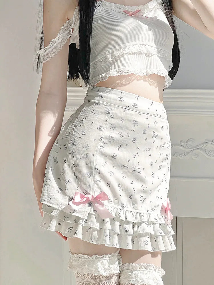 liwuka Floral Print Ruffle Mini Skirt White Kawaii Lolita Skirts Japanese Style Aesthetic Outfit Straight Bow Skirts Y2K Faldas